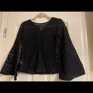Loft navy bell sleeve see-through lace blouse